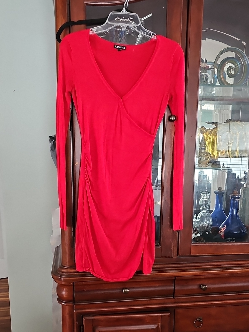 Express Red Long-Sleeve V-Neck Bodycon Wrap Front DRESS size Xs